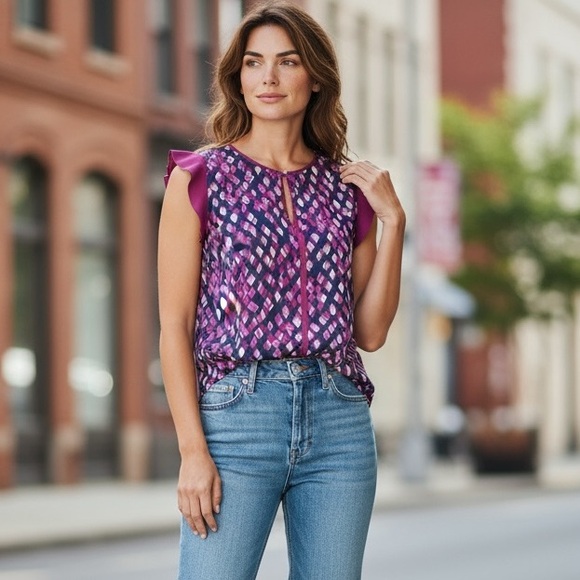 Tommy Hilfiger Womens PS Flutter Sleeve Argyle Print Blouse Pink Navy Work Top - Picture 1 of 11